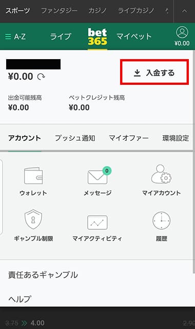 bet365の入金手順解説画像②