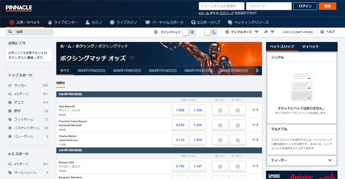 ピナクルのボクシングベット画面
