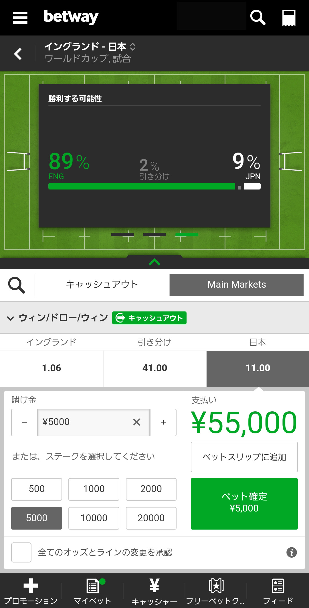 betwayでのラグビーワールドカップベット確定画面