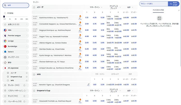 リリベットカジノのスポーツベット画面